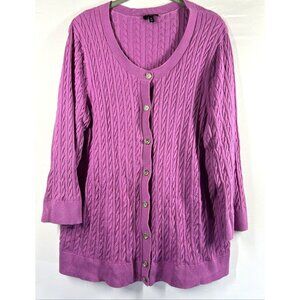 Talbots Women's Cardigan Plus 3X Solid Pink Cable Stitch Button Up 3/4 Sleeves